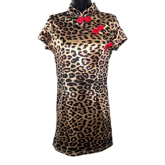 Trendy Sexy Leopard Print Chinese Inspired Mini Cheongsam Bodycon Dress - Picture 4 of 8